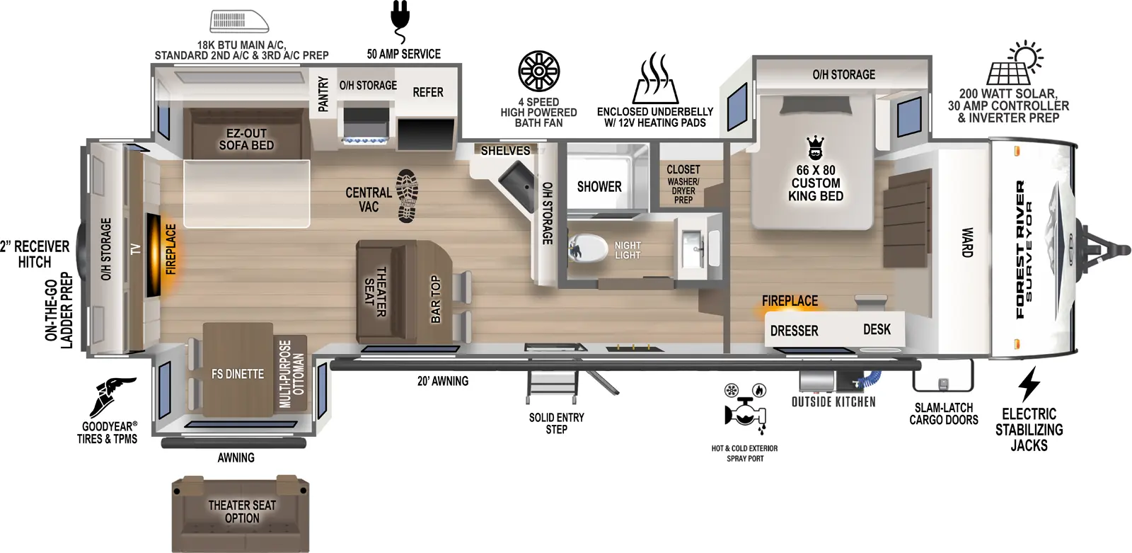 The Grand Surveyor 302RDBS floorplan has one entry and three slide outs. Exterior features include: fiberglass exterior, 21' awning and outside kitchen. Interiors features include: free-standing dinette option, front bedroom and rear living.